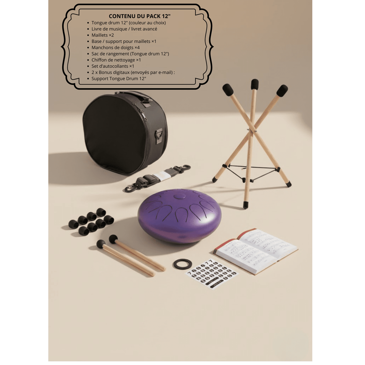 🎁 Kit Accessoires 12" Complet OFFERT (Maillets + Sac + Livret + Support) - SONARI DRUM